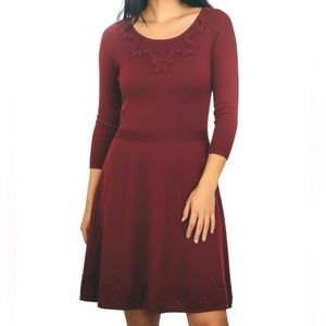NEW UK Monsoon Fit & Flare Wool Blend Midi Dress with Floral Ribbon Embroidery